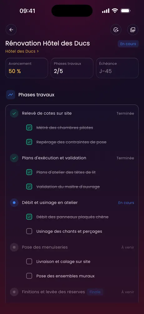 Les phases d’un chantier dans l’application mobile Orizen